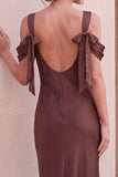 Coffee Sheath Cowl Neck Cold Shoulder Long Wedding Guest Dress
