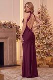 Burgundy Halter Sheath Satin Cowl Backless Long Wedding Guest Dress with Lace