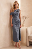 Dusty Blue Satin Asymmetrical One Shoulder Sheath Ruched Long Wedding Guest Dress with Slit