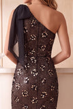 Coffee Sequins One Shoulder Sheath Midi Cocktail Dress with Bow