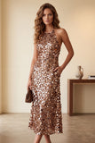 Coffee Sequins Sheath Halter Midi Cocktail Dress with Pockets