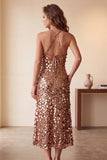 Coffee Sequins Sheath Halter Midi Cocktail Dress with Pockets