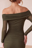 Olive Bodycon Off the Shoulder Ruched Midi Cocktail Dress