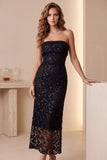 Black Sheath Strapless Sequins Lace Midi Cocktail Dress