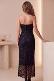Black Sheath Strapless Sequins Lace Midi Cocktail Dress