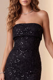Black Sheath Strapless Sequins Lace Midi Cocktail Dress