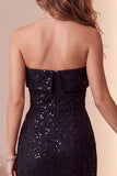 Black Sheath Strapless Sequins Lace Midi Cocktail Dress