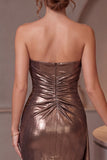 Coffee Metallic Bodycon Strapless Ruched Short Cocktail Dress