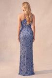 Slate Blue Sequins Sheath One Shoulder Ruched Long Formal Dress