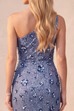 Slate Blue Sequins Sheath One Shoulder Ruched Long Formal Dress