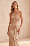 Champagne Mermaid One Shoulder Sequins Satin Long Formal Dress