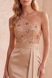 Champagne Mermaid One Shoulder Sequins Satin Long Formal Dress