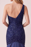 Dark Blue Mermaid Satin One Shoulder Sequins Long Formal Dress with Beading