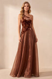 Coffee A-Line One Shoulder Velvet Floral Long Formal Dress