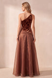 Coffee A-Line One Shoulder Velvet Floral Long Formal Dress