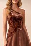 Coffee A-Line One Shoulder Velvet Floral Long Formal Dress