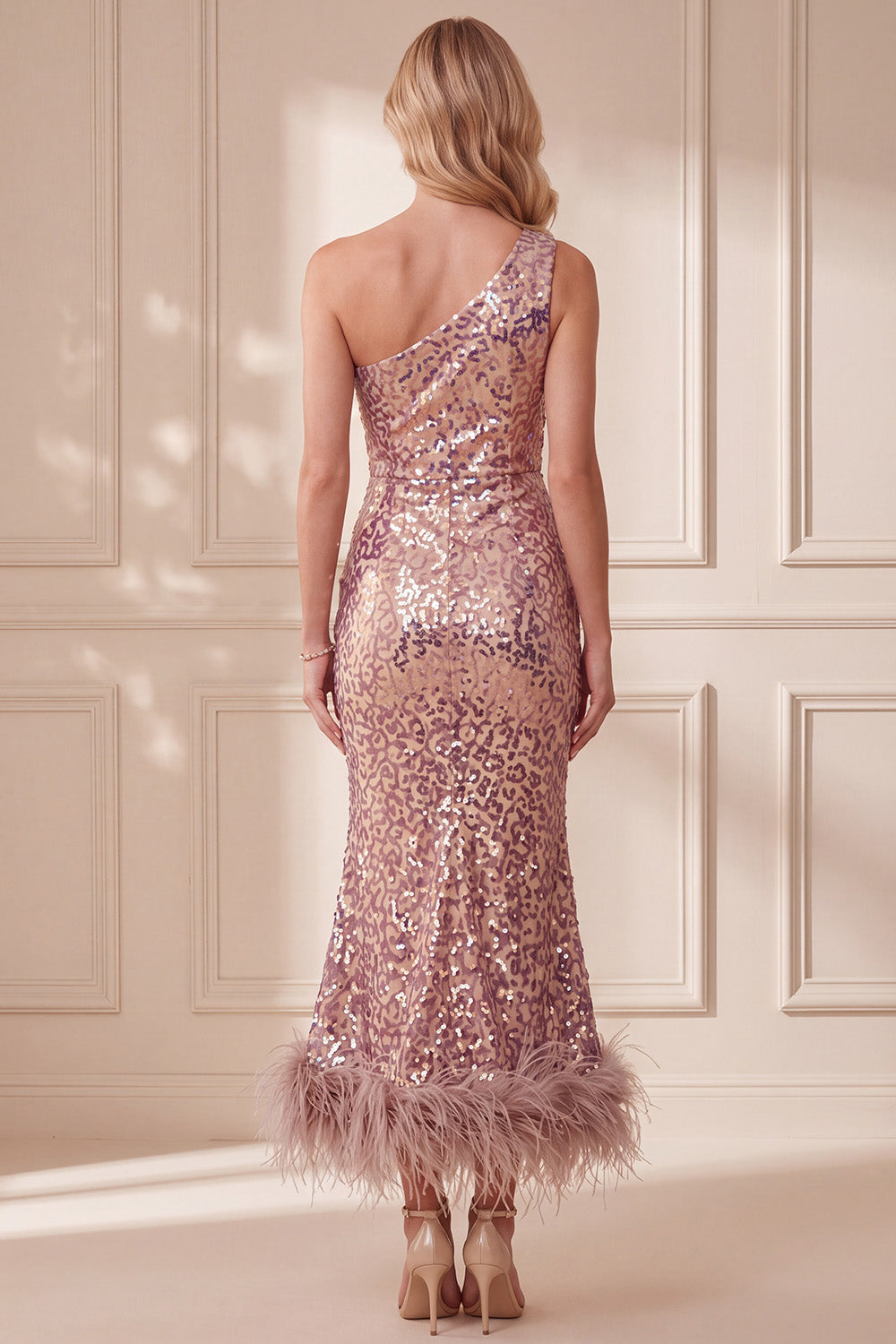 Vintage Mauve Mermaid One Shoulder Sequins Midi Formal Dress with Feathers