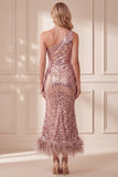 Vintage Mauve Mermaid One Shoulder Sequins Midi Formal Dress with Feathers