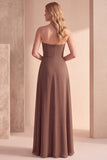Coffee A-Line Strapless Ruched Sequins Chiffon Maxi Formal Dress with Beading