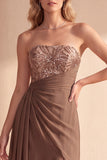 Coffee A-Line Strapless Ruched Sequins Chiffon Maxi Formal Dress with Beading