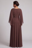 Coffee A-Line Cowl Chiffon Long Mother of the Bride Dress with Beading