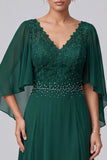 Dark Green A-Line V-Neck Lace Flutter Sleeves Long Mother of the Bride Dress with Beading