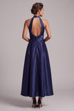 Dark Blue A-Line Halter Satin Ruched Midi Formal Dress