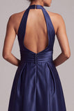 Dark Blue A-Line Halter Satin Ruched Midi Formal Dress