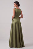 Olive A-Line Bateau Neck Satin Long Mother of the Bride Dress with Beading