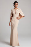 Champagne Mermaid Round Neck Cape Long Mother of the Bride Dress with Beading