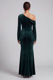 Dark Green Velvet Mermaid One Shoulder Ruched Flare Sleeves Long Formal Dress