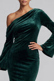 Dark Green Velvet Mermaid One Shoulder Ruched Flare Sleeves Long Formal Dress