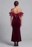 Burgundy Mermaid Ruffled Velvet Off the Shoulder Long Formal Dress