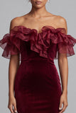 Burgundy Mermaid Ruffled Velvet Off the Shoulder Long Formal Dress
