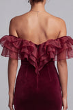 Burgundy Mermaid Ruffled Velvet Off the Shoulder Long Formal Dress