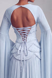 Blush Corset Chiffon Jacquard Beaded Tiered Peplum A-Line Long Prom Dress with Flared Sleeves
