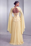 Blush Corset Chiffon Jacquard Beaded Tiered Peplum A-Line Long Prom Dress with Flared Sleeves