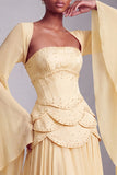 Blush Corset Chiffon Jacquard Beaded Tiered Peplum A-Line Long Prom Dress with Flared Sleeves