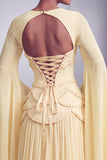 Blush Corset Chiffon Jacquard Beaded Tiered Peplum A-Line Long Prom Dress with Flared Sleeves