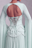 Blush Corset Chiffon Jacquard Beaded Tiered Peplum A-Line Long Prom Dress with Flared Sleeves