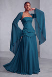 Blush Corset Chiffon Jacquard Beaded Tiered Peplum A-Line Long Prom Dress with Flared Sleeves