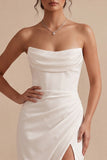 White Sheath Cowl Satin Ruched Strapless Long Wedding Dress with Slit