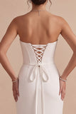 White Sheath Cowl Satin Ruched Strapless Long Wedding Dress with Slit