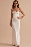 White Satin Corset Mermaid Strapless Satin Long Wedding Dress with Lace