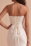 White Satin Corset Mermaid Strapless Satin Long Wedding Dress with Lace