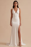 White Sheath V-Neck Ruched Satin Long Wedding Dress with Slit