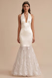 White Mermaid Halter Satin Long Wedding Dress with Embroidery