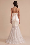 White Mermaid Halter Satin Long Wedding Dress with Embroidery