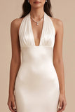 White Mermaid Halter Satin Long Wedding Dress with Embroidery