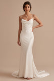White Mermaid Cowl Spaghetti Straps Satin Sweep Train Wedding Dress